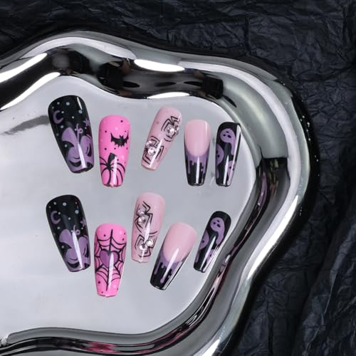 Halloween Press On Nails Set - Heart Spider Web Pumpkin Ghost Designs, Medium Square Pink Fake Nails with Rhinestones - Variation of THIS listing