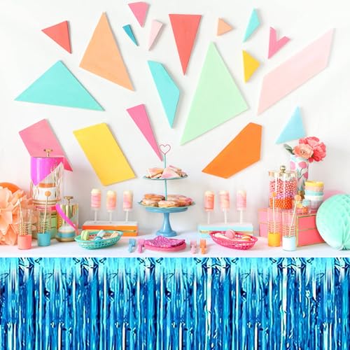 Lake Blue Foil Fringe Table Skirts 3 Pack - Metallic Tinsel Streamers for Party Decor