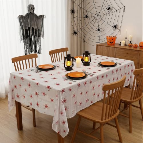 Halloween Spider Tablecloth - Red Spider Design, 85x108in, Reusable, Spider Table Cover - Spider Tablecloth Variation