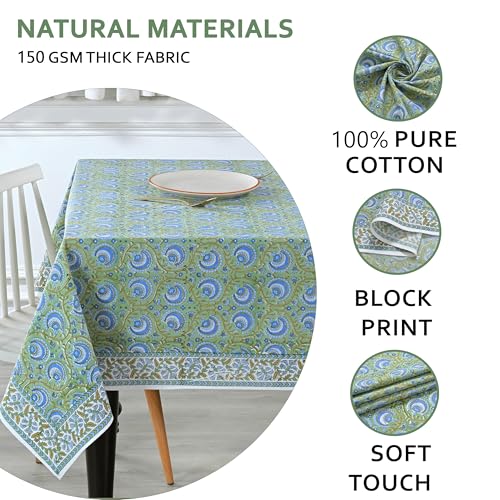 Ridhi Verdant Mist Hand Block Print Cotton Tablecloth 120x60 Rectangular