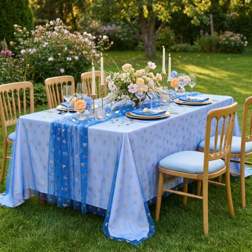 Royal Blue Gold 10FT Bow Table Runner 3Pc Sheer Gauze Sequin Tulle