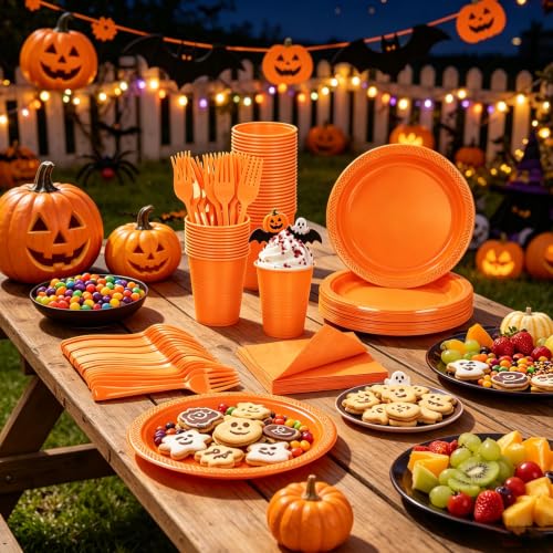 Disposable Orange Plastic Party Plates Set - 50 Count for Thanksgiving Halloween