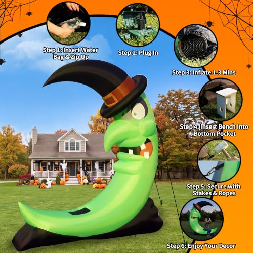Green 8.9FT Halloween Inflatable Witch Moon Yard Decor with LED Lights & Accessories