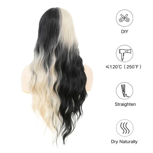 Salaibs White Ombre Black Lace Front Wigs for Women Long Curly Wavy Natural Synthetic Hair Wig for Daily Party Cosplay Halloween Use