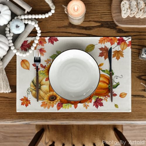 Autumn Pumpkin Maple Leaves Fall Placemats Set of 4 - 12x18 Inch Kitchen Table Decor