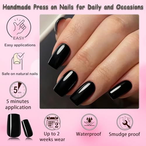 Black Square Press On Nails Medium Length - Fake Acrylic Manicure Tips with Glue Tabs