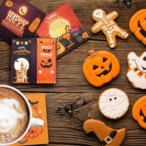 Set of 4 Absorbent Ceramic Drink Coasters with Black Holder and Cork Base - Halloween Decor