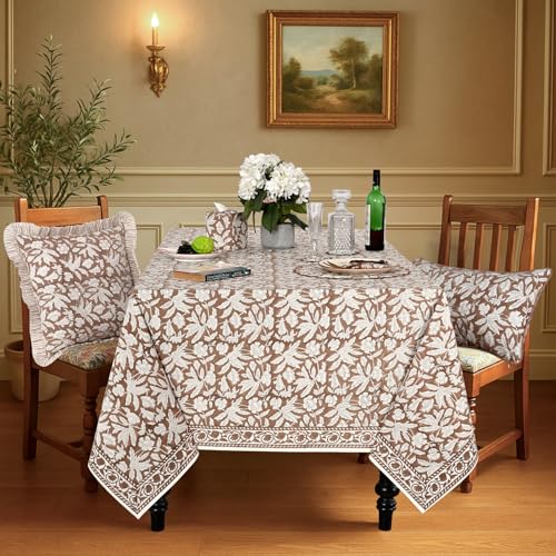 Ridhi Oak Brown Hand Block Print Cotton Square Tablecloth 60 x 60 Inch - Elegant Dining Decor