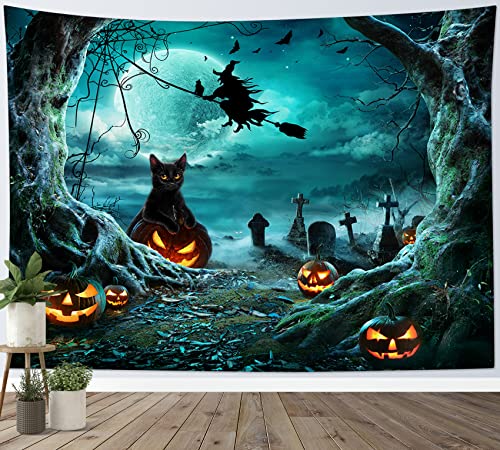 Halloween Teal Wall Tapestry - Black Cat Witches Ghost Pumpkin Decor - 40 x 60 Inches