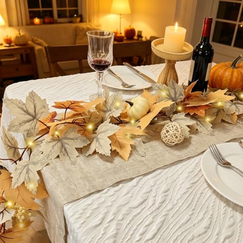 2 Pack Fall Garland with Lights - Maple Leaf Pumpkin Berries Autumn Decor 6Ft