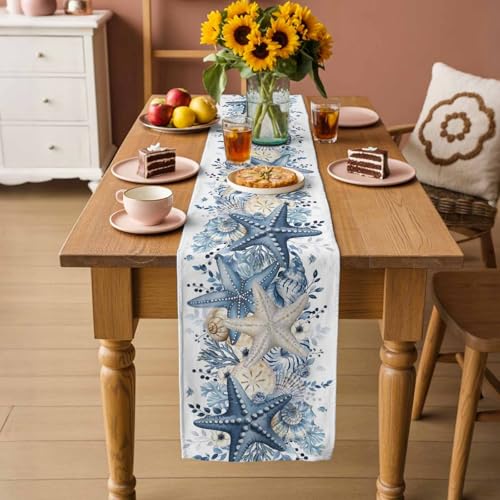 White Coastal Table Runner 13x70 Inches Summer Starfish Nautical Decor