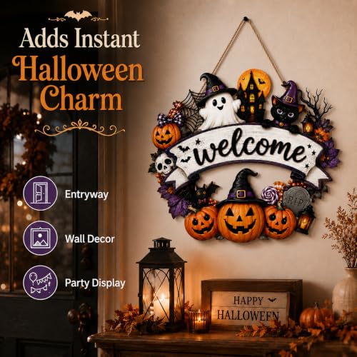 Wooden Halloween Wreath for Front Door Decor - Pumpkin Black Cat Ghost Design