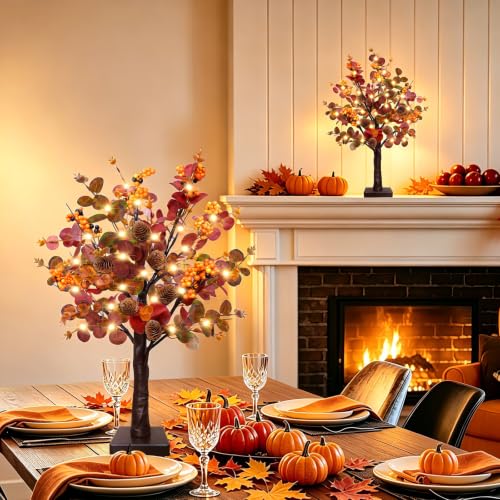 Prelit Fall Trees - 2 Pack 18-Inch Battery-Operated Autumn Decor with Timer