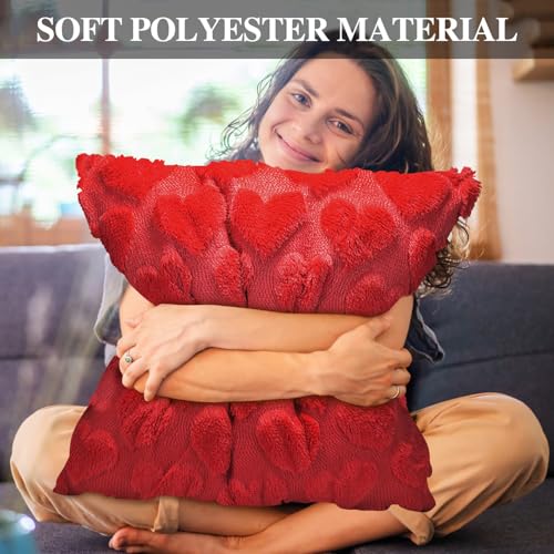 Valentine's Pillow Covers Set of 2 - 18x18 Inch Red Heart Plush Decor for Sofa Couch Bed