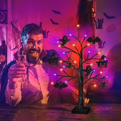 Indoor Halloween 2 Pack Black Tree with Orange & Purple LED Lights - Spooky Home Decor