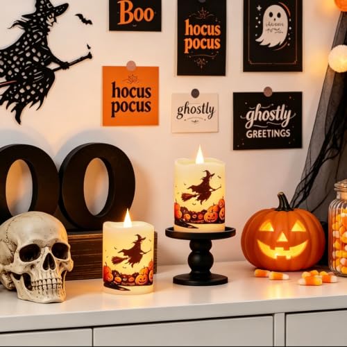 Halloween Flameless Candles Set of 2 - 3x4 Inch Ivory LED Pillars with Pumpkin & Witch Decals - Remote Timer