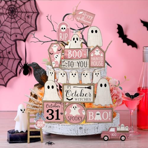 Halloween Wooden Tiered Tray Decorations Set Ghost Pink White - MiniInflat