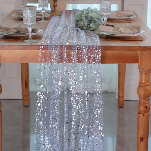 Ice Blue Silver Gauze Table Runner 10ft 10PCS Glitter Sheer Tulle for Weddings