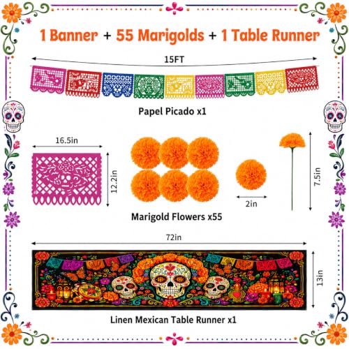 Dia De Los Muertos Decoration Set with Marigolds Banner Tablecloth & Altar Decor