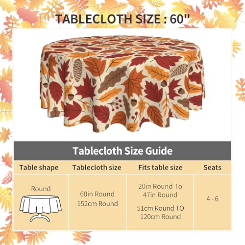 Fall Maple Leaf Round Tablecloth 60 Inch - Autumn Waterproof Decor, Yellow