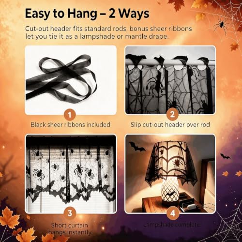 Black Lace Halloween Kitchen Curtains Set - Spider Web Bat Gothic Valances, 2-Pack, 60"W x 20"L Variation of 2