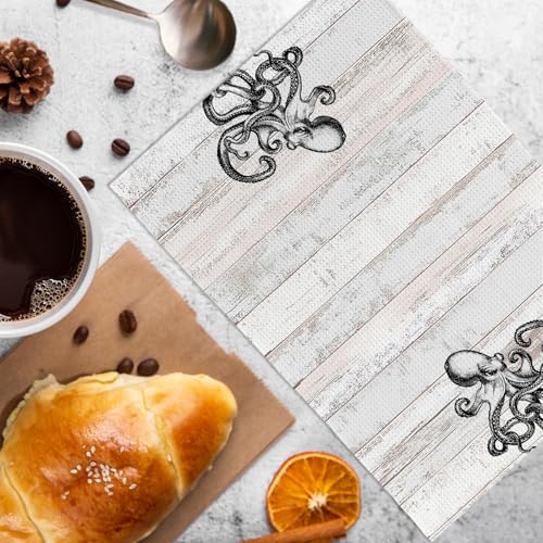 Black Octopus Kitchen Towels & Dishcloths Set of 2 Nautical Beach Decor