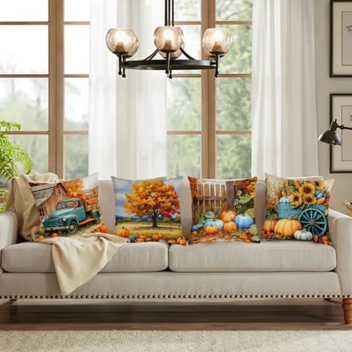 YeeJu Fall Throw Pillow Covers 26x26 Set of 4 Velvet Pumpkin Cushion Cases for Autumn Farmhouse Decoration - Fall 01