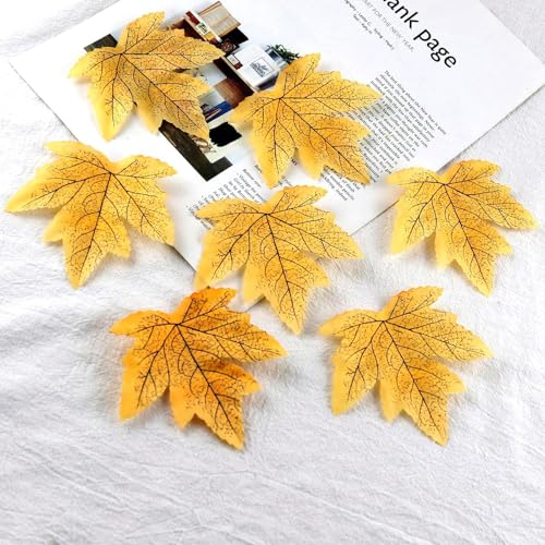 Artificial Maple Leaves Fall Decorations 100Pcs Bright Yellow Autumn Leaf Props