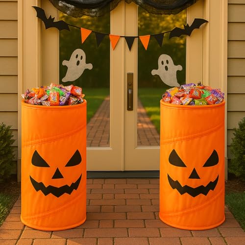 Halloween Candy Buckets Set - 2 Large Pumpkin & Ghost Decorations