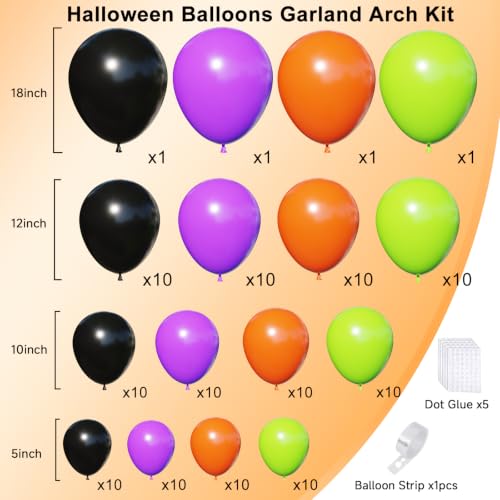 Halloween Balloons Arch Kit - Black, Orange, Purple, Green - 124pcs