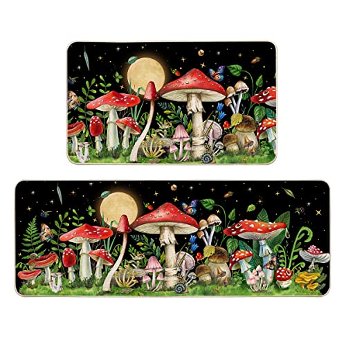 Mushroom Kitchen Rug Set of 2 - Rectangular 17x29 + 17x47 Inches, Non-Slip, Washable