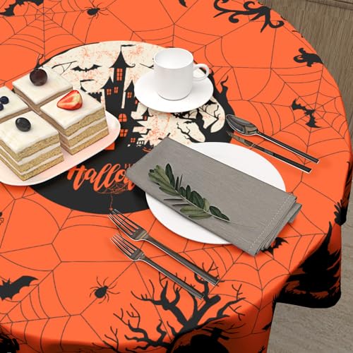 Happy Halloween 60-Inch Round Tablecloth - Pumpkin Spiders Ghosts Washable Polyester