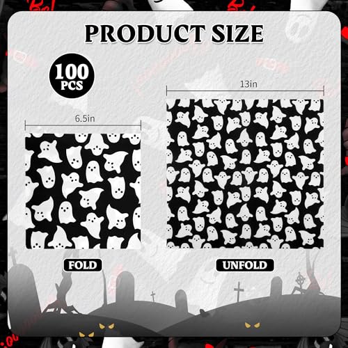 Halloween Ghost Paper Napkins - Black & White, 100 Pack, 6.5 Inch