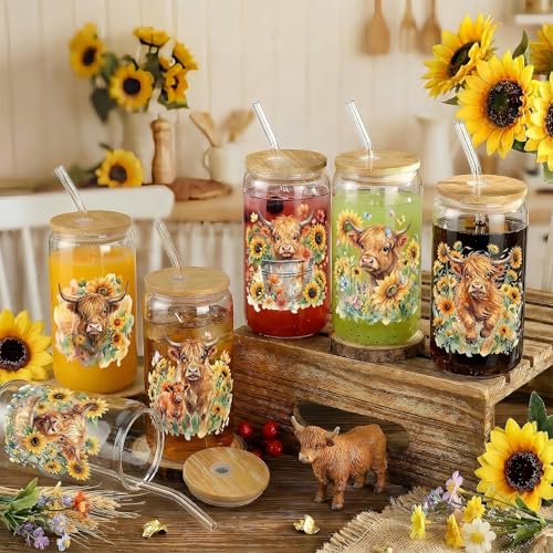 Highland Cow Glass Cups with Lids & Straws - Sunflower Farmhouse 16oz 6-Pack