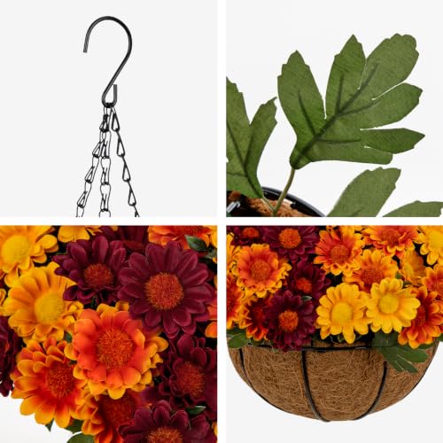 8-Inch Autumn Hanging Basket with Burgundy, Orange & Yellow Daisies - Fall Decor