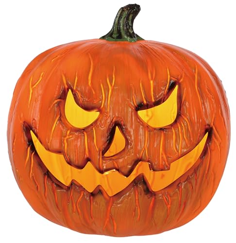 Eerie Light Up Pumpkin Decoration - 10 Inch Halloween Jack O' Lantern - Indoor & Outdoor Use