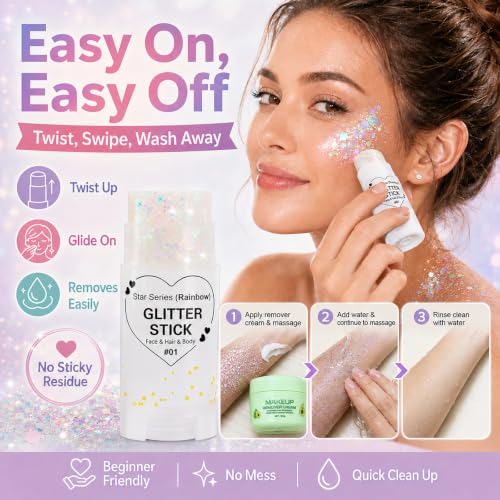 Rainbow White Glitter Stick for Face Hair Body - Sparkly, Mess-Free, Waterproof