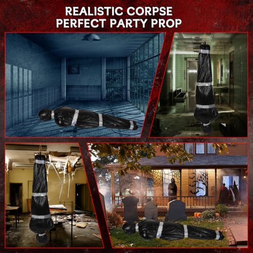 Black 5ft Hanging Corpse Dummy Prop for Halloween Decorations - Creepy Crime Scene Inflatable Body with Accessories