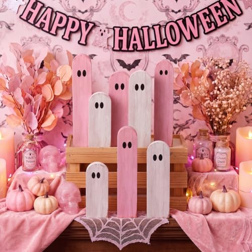 Halloween Wooden Ghost Figurines Set - Freestanding 8 Pcs, White & Pink, Rustic Farmhouse Decor