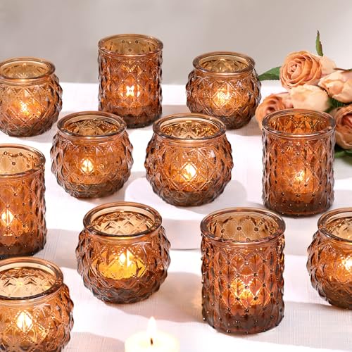 Amber Votive Candle Holders Set of 24 Glass Tea Light Holders for Wedding Home Decor