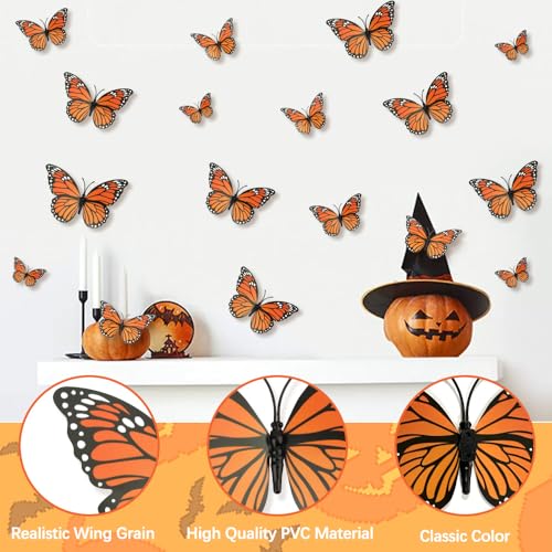 Orange 48 Pcs Monarch Butterfly Wall Decor - Realistic 3D Artificial Butterflies for Autumn & Home Decor