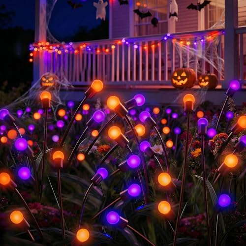 Halloween Firefly Solar Lights 2 Pack - Orange & Purple, Flickering LED Pathway Decor