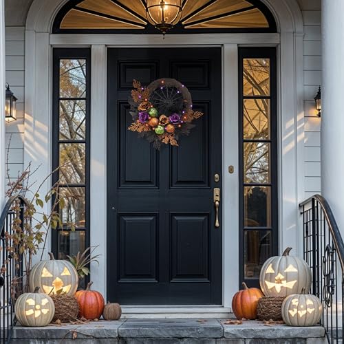 Valery Madelyn 18-Inch Pre-Lit Halloween Wreath for Front Door Decor - Timer