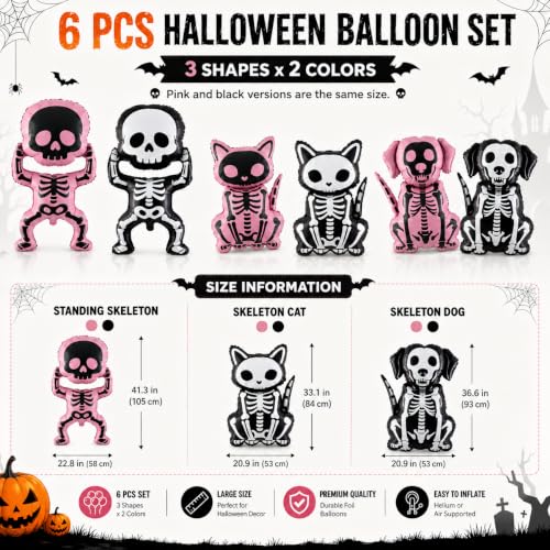 Halloween Skeleton Foil Balloons Set - 6 Black and Pink Skeleton Shape Decorations