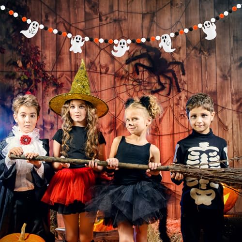 Halloween Felt Pompom Banner 7.5 Ft Pre-Assembled Ghosts & Felt Balls Decor