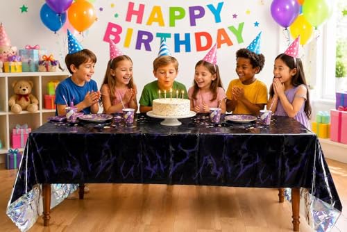 Demon Hunters Birthday Party Tablecloth - Black, Iridescent K-pop Decor, 108x54 Inches