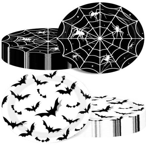 Halloween Party Plates Set - 50 Disposable Spooky Dinnerware with Spider Web & Bat Designs