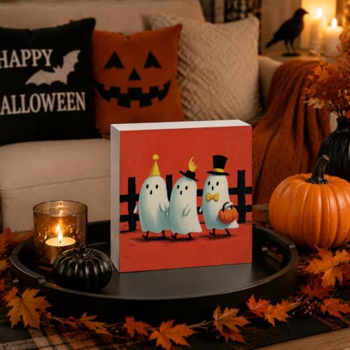 Halloween Ghost Wooden Sign Decor - Style 2, Cute Rustic Halloween Wood Sign