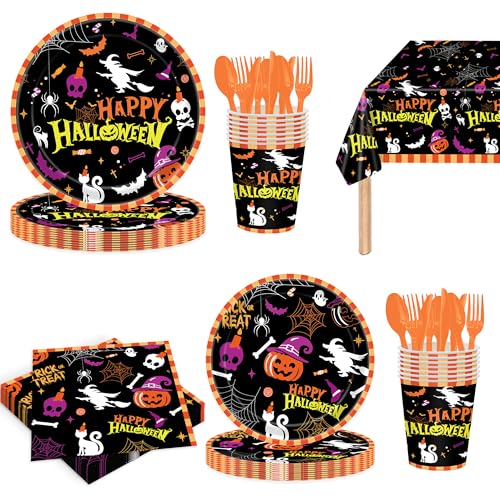 Halloween Party Decorations Set with Bat Cat Pumpkin Backdrop Banner Balloons & Tableware - All Saints Day