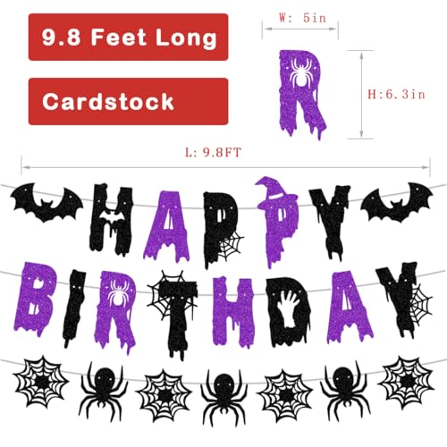Halloween Birthday Banner Glitter Black & Violet with Spider Bats Decor